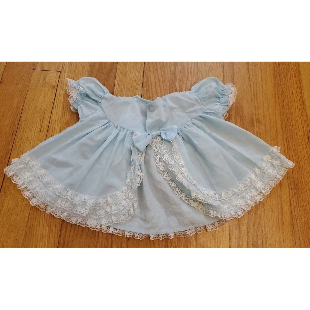 Vintage Baby Girl Dress 1-12 Months Blue Lace Trim